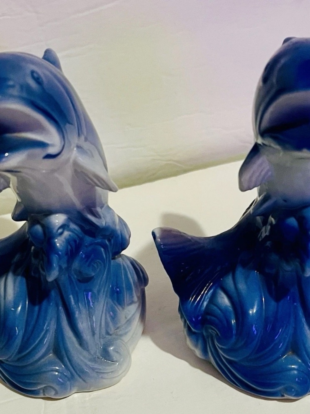 Pair of Vintage Blue & White Ceramic Dolphin Figurines on Wave Bases